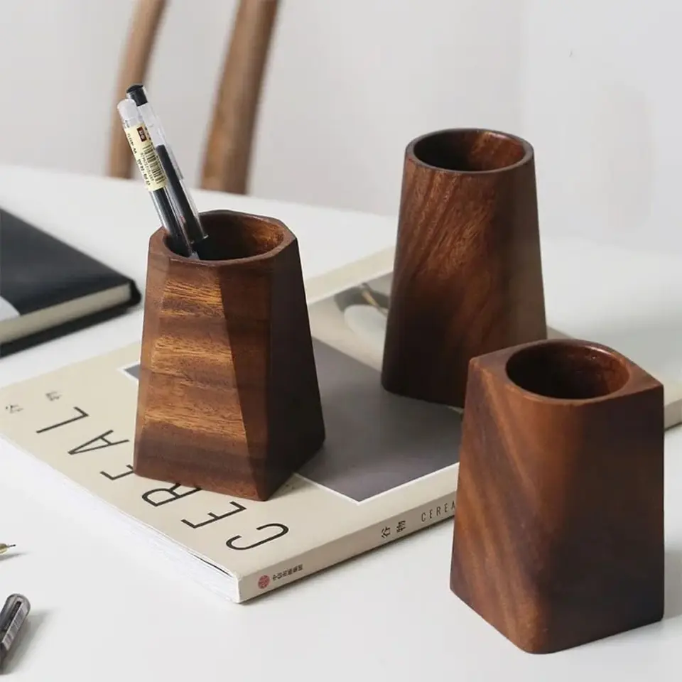 Vintage Walnut Drevič držiak pero s veľkou kapacitou make-up držiak na kefku Storage Cencil Box Minimalistický prenosný stolík Organizátor hrnca