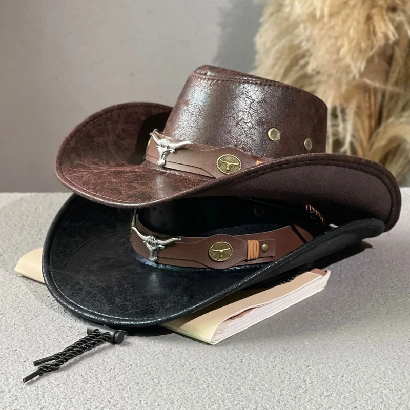 Vintage Western Cowboy Hat Ox Head Belt Nivet Fedora klobúky pre mužov Ženy Vonkajšie cestovanie Široký okraj faux kožené slnečné čiapky Cowgirl Sun Caps