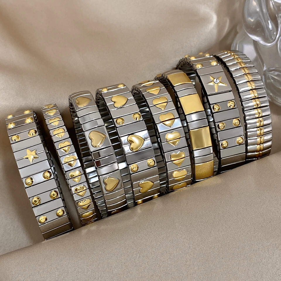 Vintage z nehrdzavejúcej ocele Elastické robustné náramky pre ženy Men Zlatá hviezda Srdce Nastaviteľné hodinky Bangles