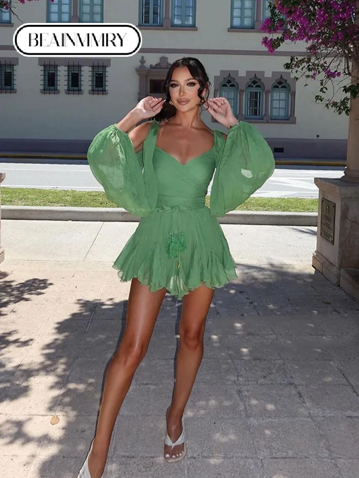 Vintage zelené šifónové ruffles V-krk Mini šaty módne plné rukávy s vysokým pásom skladané hem šaty dámske nočné párty Vestidos