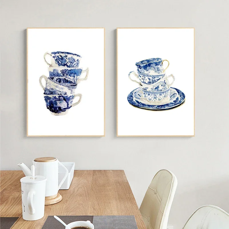 Vintage čajové šálky akvarely umelecké výtlačky modrého bieleho vŕbového čaju pohár Čína Art Canvas maľba nástenné umelecké obrázky plagát Domovod