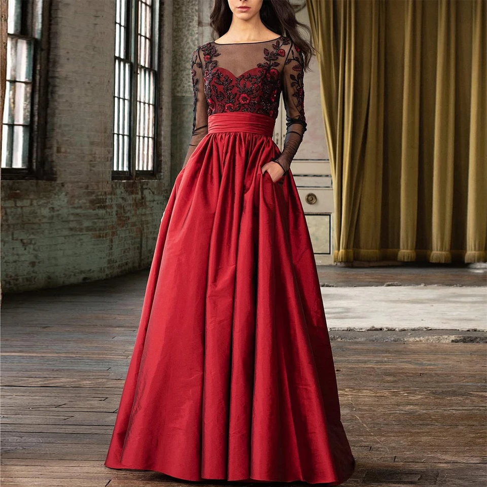Vintage červené hodvábne taffeta dlhé ženy sukňa s vreckami faldas ropa de mujer skladaný satén