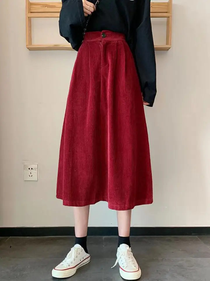 Vintage červený štíhly festival Party Corduroy sukňa Ženy Jeseň zima Čierny vysoký pás A-line skladaná dlhá sukňa Brown Simple Trend