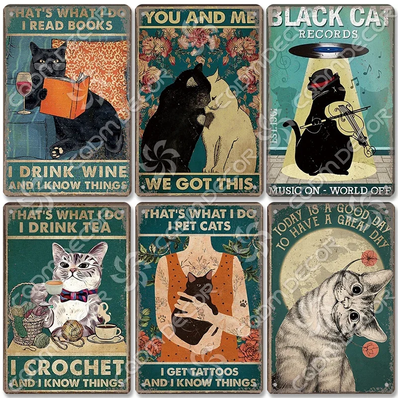 Vintage čierna mačka Tin Značka kovová plaketa čítanie knihy Drink víno Pet Cats retro stena dekor pre kaviarni kuchyňa Kúpeľňa domov