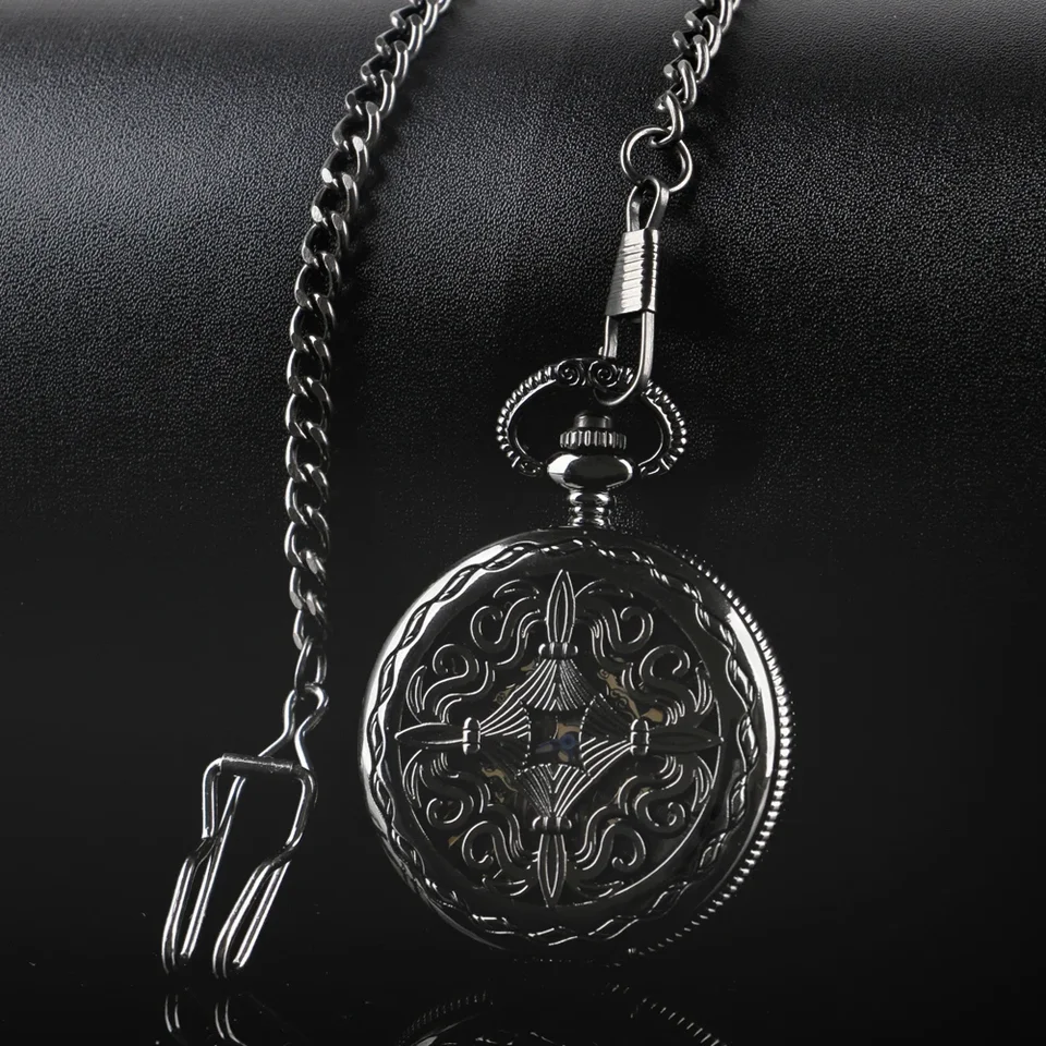 Vintage čierny lovec retro mechanické vreckové hodinky ruky veterné muži Ženy FOB Chain Watches Duté reťazce Muži parné darček