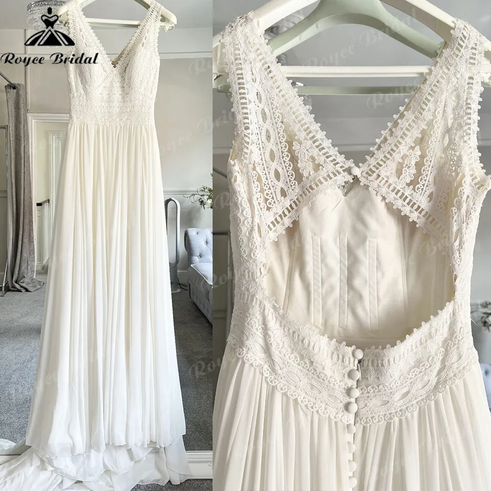 Vintage čipka Bodice šifón A Open Open Back Women Svadobné šaty s krkom 2025 boho svadobné šaty robe de mariee prispôsobené