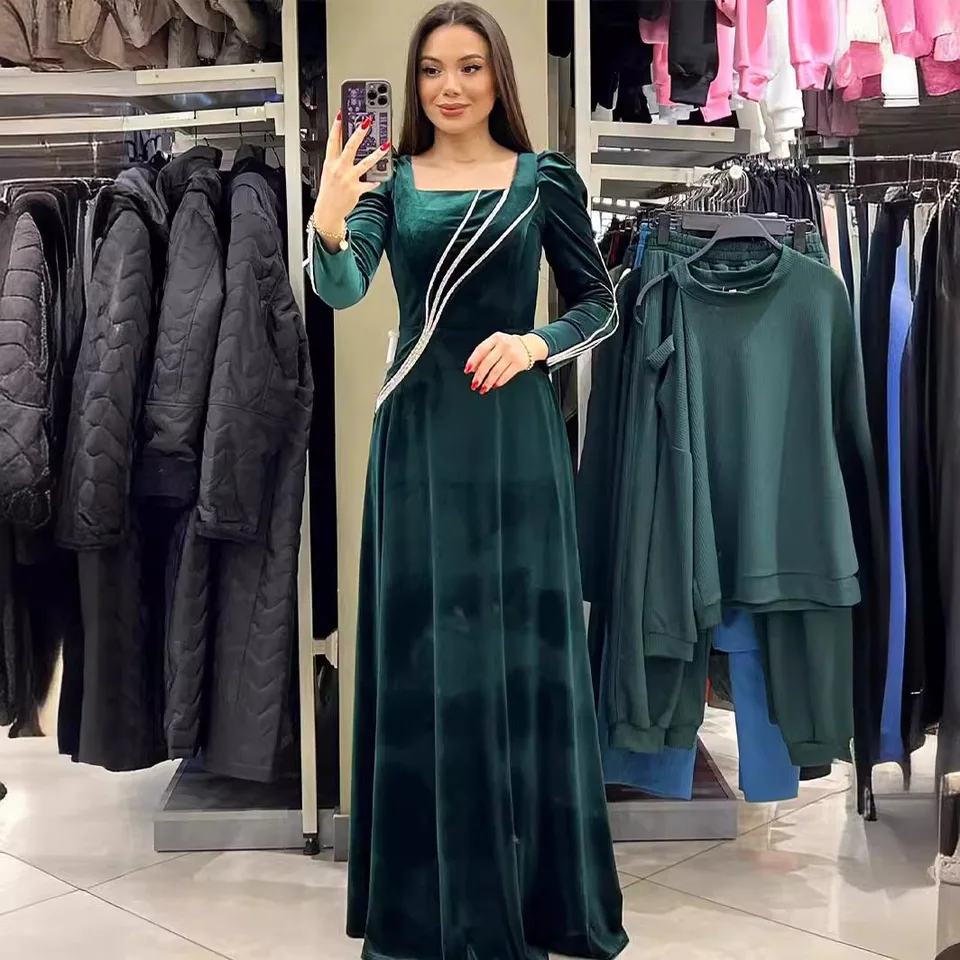 Vintage šaty pre ženy Horúce vŕtanie moslimské šaty Ženy Slim-Fit Square Gollar Večerné šaty Turecko kaftan arabský rúž abaya dubaj