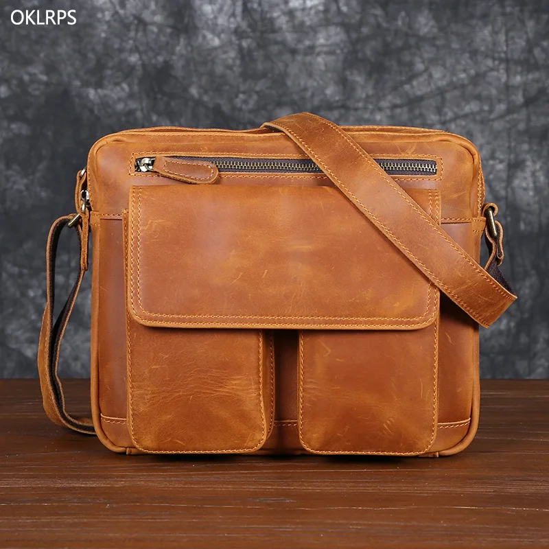 Vintage šialený koň kože kože Crossbody Bag Pánska buchta horná vrstva Cowhide Bath kožená taška v taške na neformálne krížové vrecko