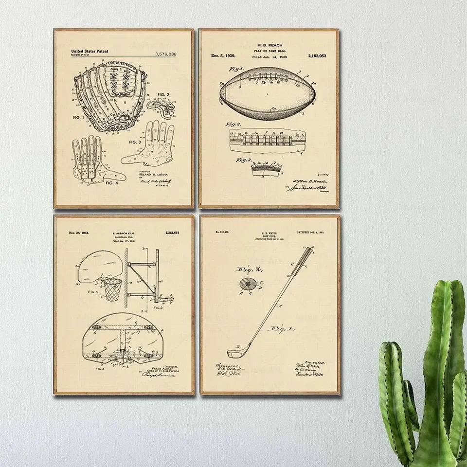 Vintage športové patenty výtlačky futbalové basketbalové golfové plány plátno maľba plagátu pre telocvičňu trénera učiteľa Wall Ar