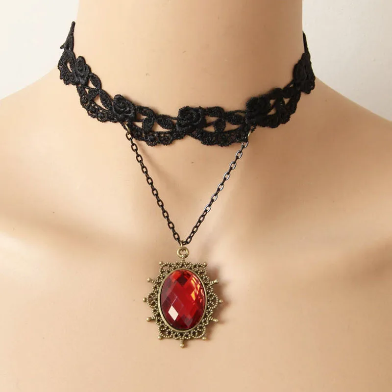 Vintage štýl reťaz červený kameň kvapka kvetinová čierna čipka Choker krátky náhrdelník Dámske sexy gotický golier chunky lolita doplnky