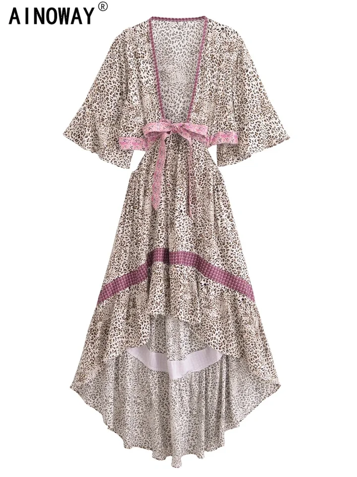 Vintage Ženy leopard tlač dutiny Out Sexy Beach šaty Česká dáma krátky rukáv High-Low Rayon letná dovolenka boho šaty župan