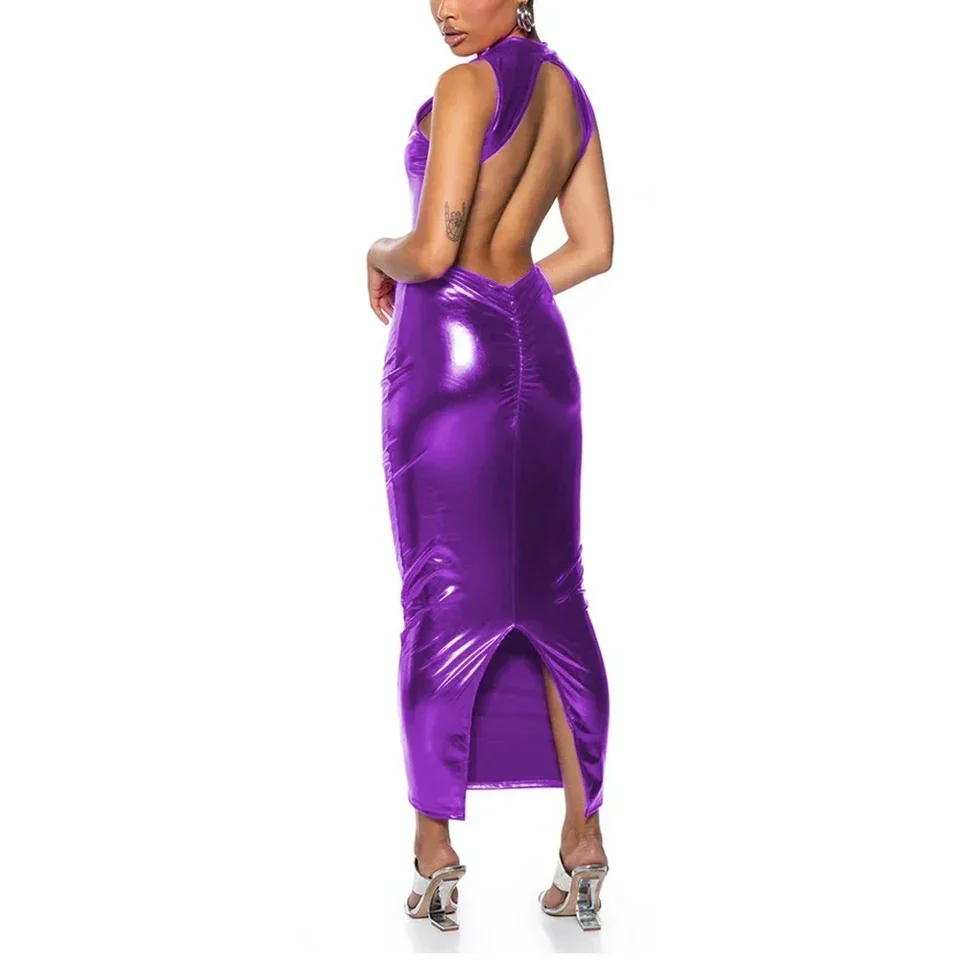 Vinyl lesklé kovové dámske dámske sexy bez backless húpe dlhé šaty bez rukávov Split Bodycon Dress Party Clubwear Hobble Vestidos