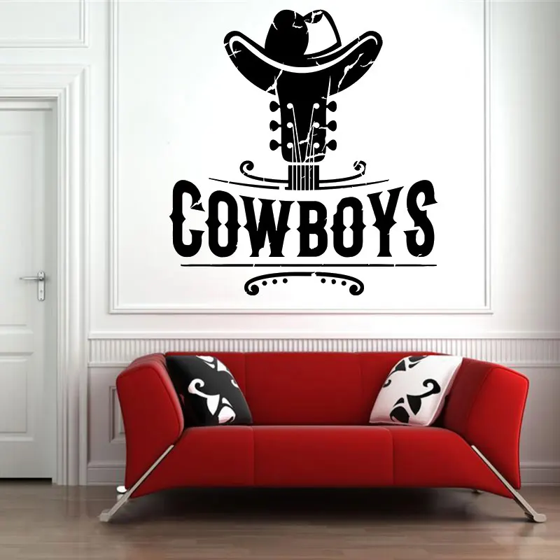 Vinyl Wall Decal Western Home Cowboy Hat Texas Ranch Wild West Hudobná slepka na gitaru Domov obývacia izba dekorácia NZ07