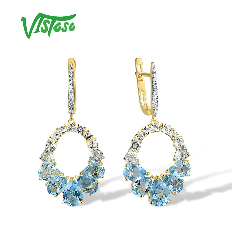 Vistoso 14K 585 Žlté zlaté náušnice pre ženy šumivé postupné biele modré topaz diamantové náušnice nádherné trendové jemné šperky