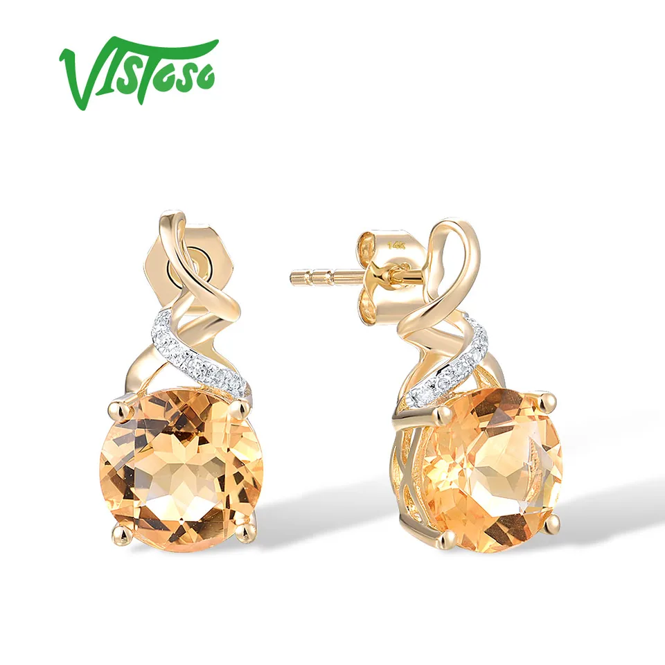 Vistoso autentické 14k 585 Žlté zlaté náušnice pre ženy šumivé diamanty citrine módny štýl svadobný darček jemné šperky
