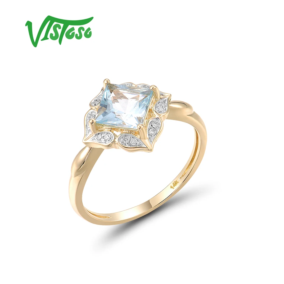 Vistoso originálne 14k 585 Žlté zlato prstene pre ženy šumivé štvorcové modré topaz diamantové klasické prstene denne nosiť jemné šperky