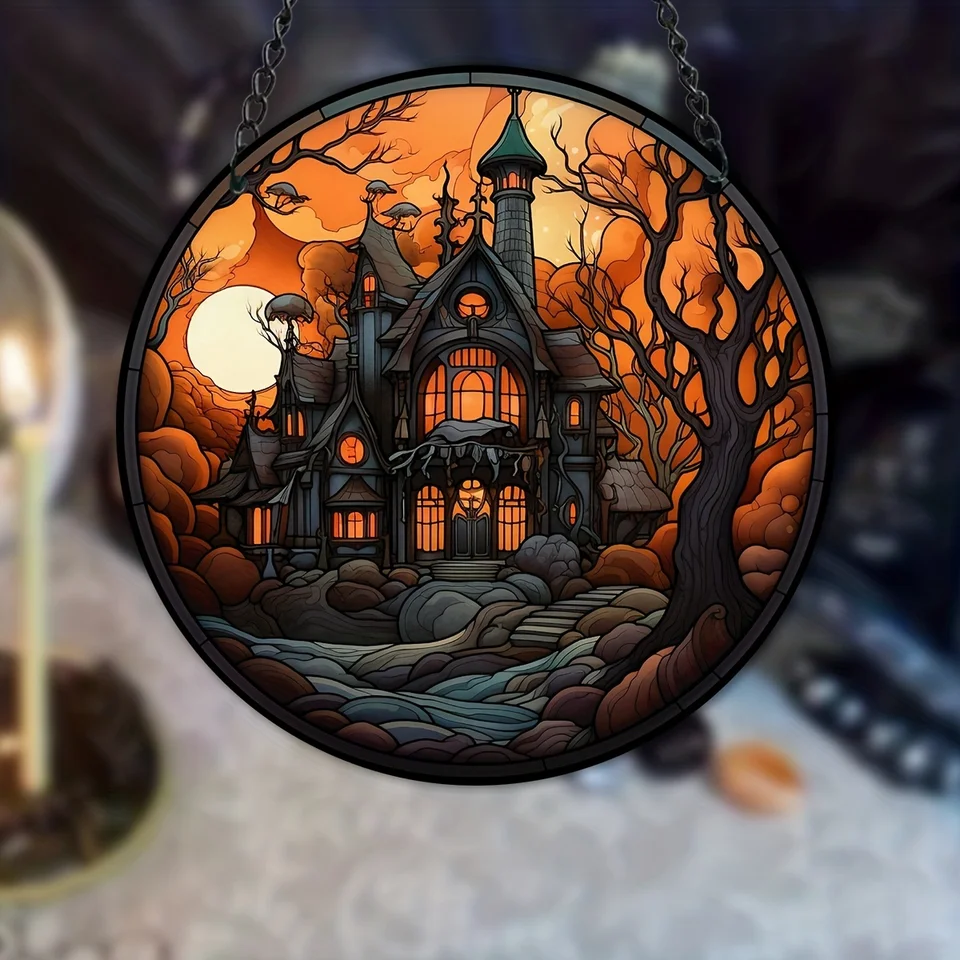 Vitívne farebné sklo Halloween Moon Castle Suncatcher-adds strašidelné kúzlo do vášho okna s oslnivým dizajnom, Halloween