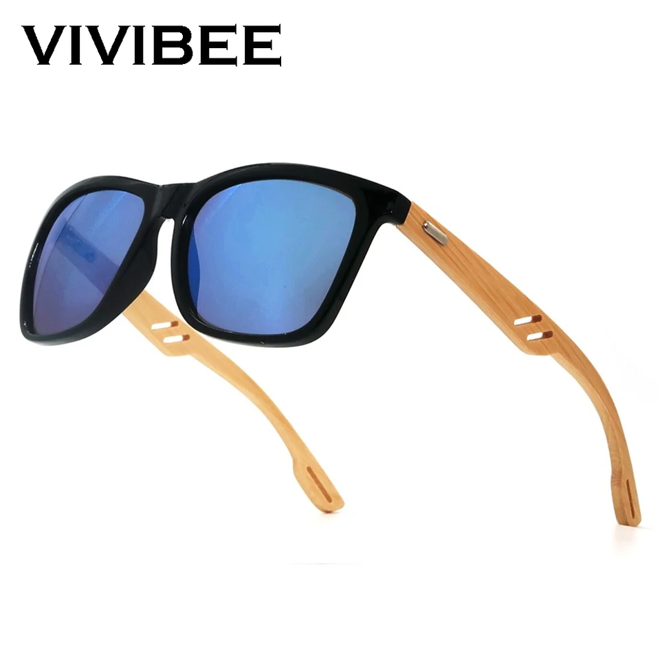 Vivibee bambusové slnečné okuliare Men Square Style Mirror Blue Lens Sun Gula Dámske 2025 retro UV400 Mužské okuliare