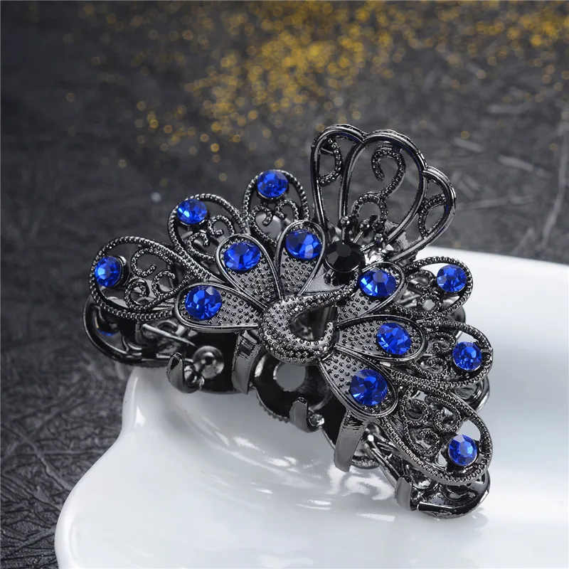 Vivid Pávové vlasové pazúry pre ženy vintage vlasy šperky kúzlo veľké kamienok Crystal Crab Clip Svadobné vlasy
