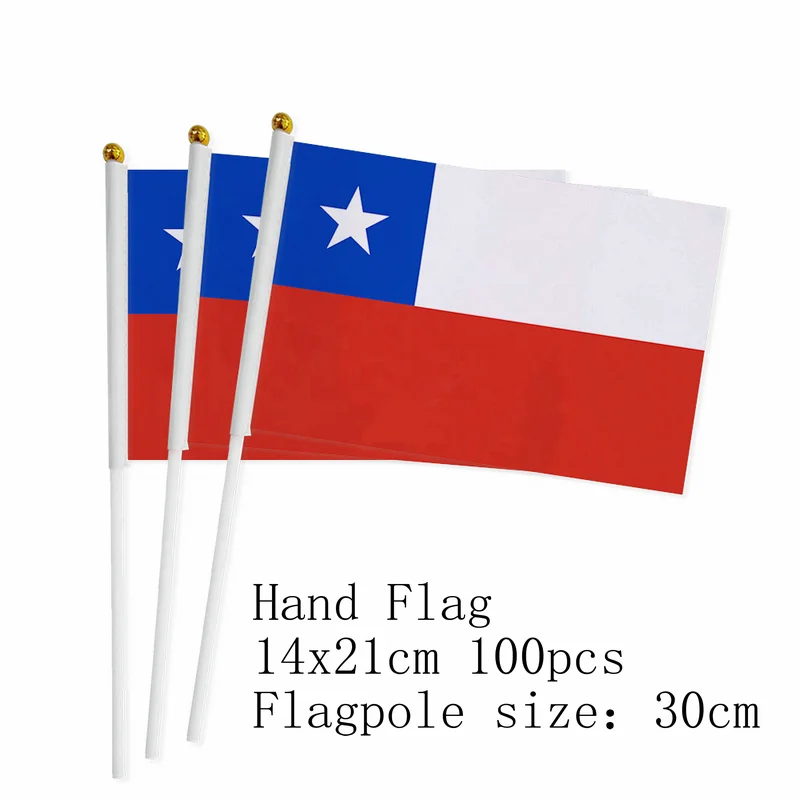 Vlajka ruky chile 14*21 cm 10/20/50/100 pcs Polyester Chile Chile Malé ručné mávanie vlajky s plastovým stožiarmi na dekoráciu