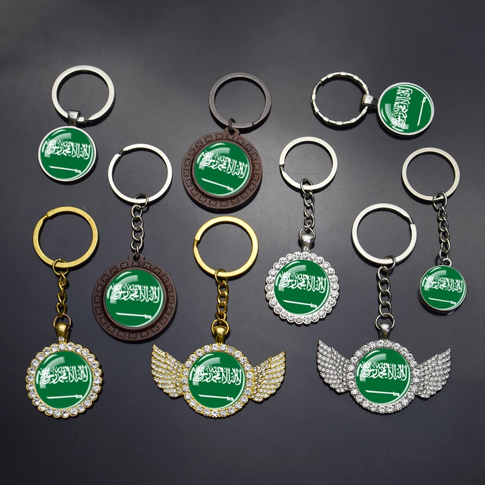 Vlajka Saudská Arábia Keychains sklenené kamienky Kodíček prívesok Kľúčový reťazec Patriot Souvenir šperky Saudská Arábia vlajky Kľúčové darčeky