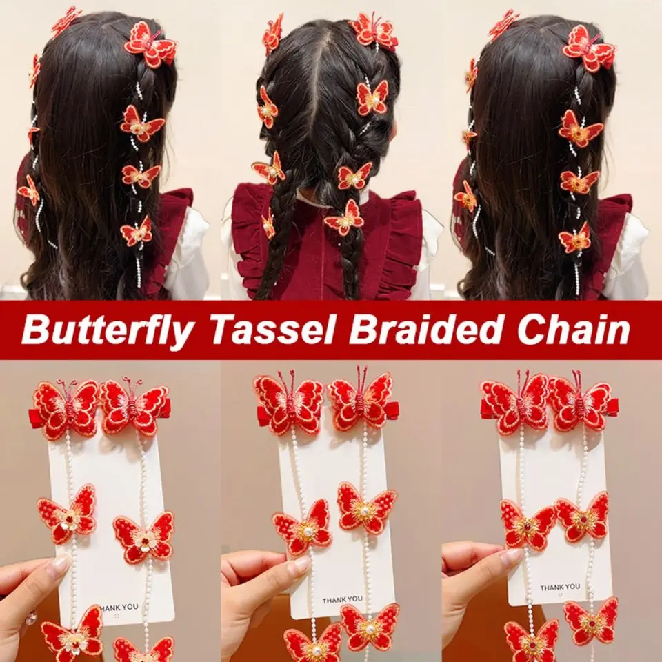 Vlasové doplnky Tassel Perl spletená vlásenka Červené motýle pletene kadernícke reťazce hlavy Girls Barrettes