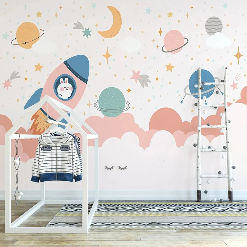 Vlastná 3D stena nástenná maľba Nordic Pink Space raketa planéta maľba detská izba spálňa pozadie nástenná dekorácia papel de parre