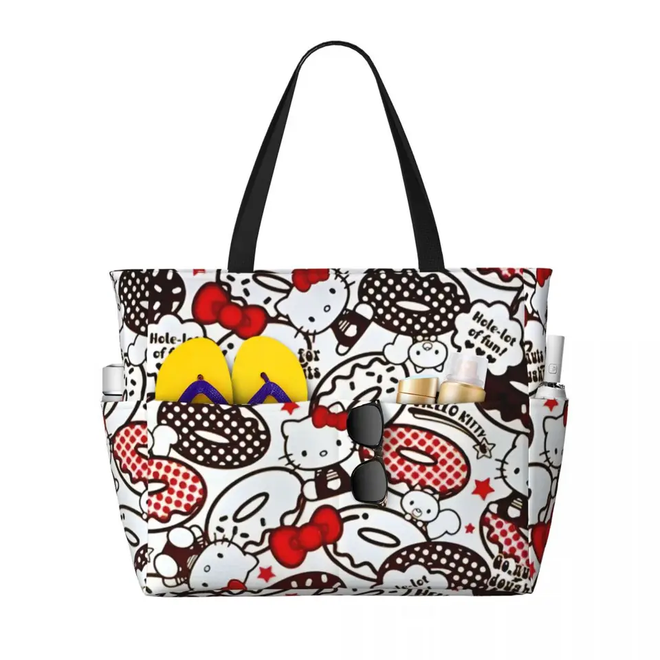 Vlastná karikatúra Hello Kitty Travel Tote Bag Ženy Veľká kapacita roztomilé mačiatko s potravinami nakupujúce tašky