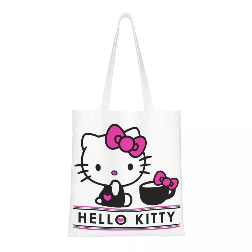 Vlastná kawaii tlačená karikatúra anime Hello Kitty Tote nákupná taška Recyklovanie plátna na kupujúci ramená kabelka