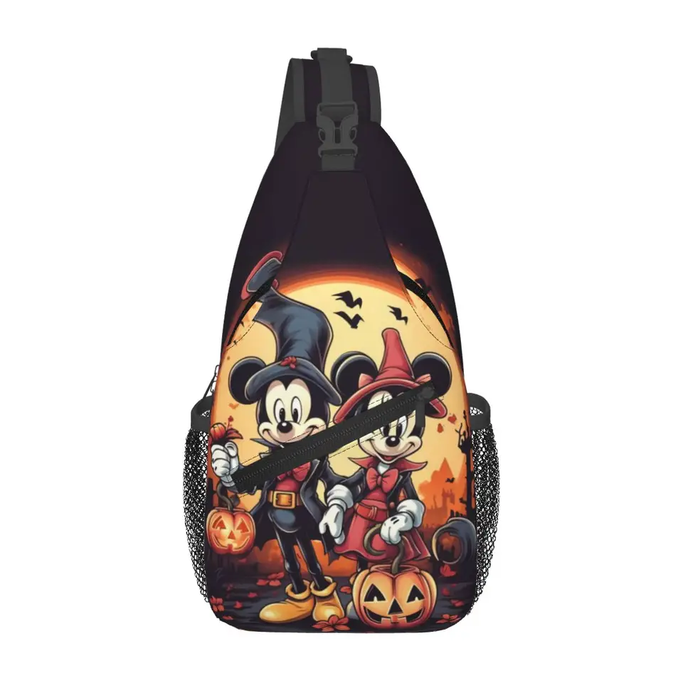 Vlastná Mickey Mouse Anime rameno batoh na ramene hrudník pre ramená pre cestovanie na turistiku Halloween Pumpkin Minnie Mouse Sling Bag s taškou