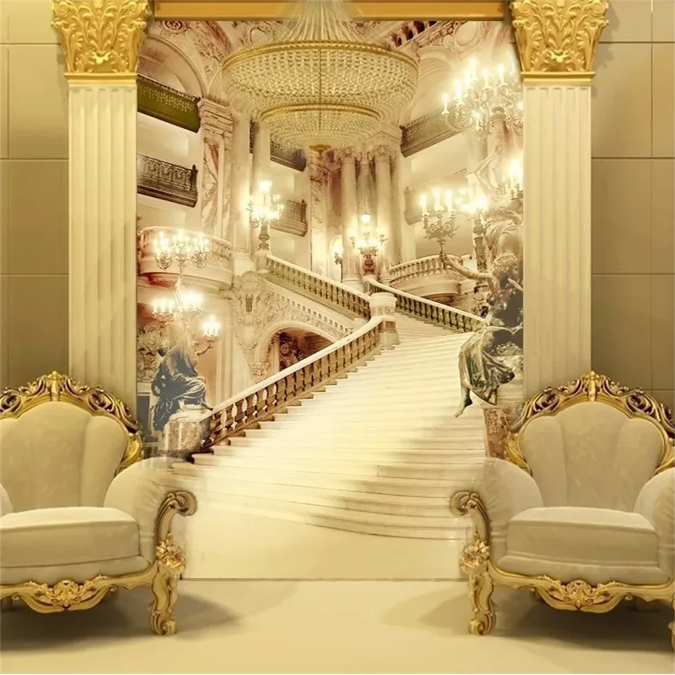 Vlastná nástenná nástenná papier 3D schodisko Európske umenie svadobné fotografie pozadie obývacej izby dekorácie Palace téma