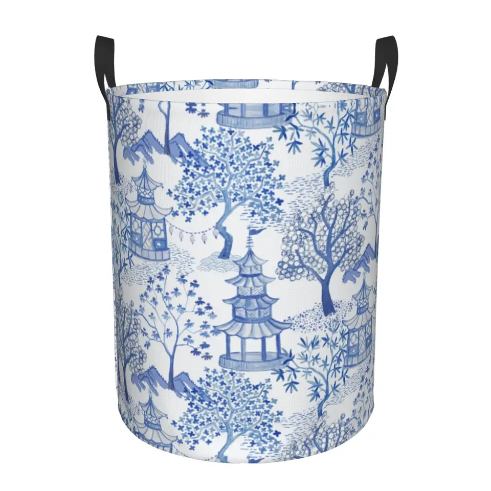 Vlastná pagoda lesná práčovňa košík zrútená modrá Delft vintage chinoiserie oblečenie prekážk