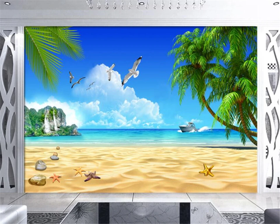 Vlastná tapeta nástenná maľba pláž Coco Blue Sky Biele oblaky ostrovy prímorské pozadie nástenné maľby 3D tapeta behang