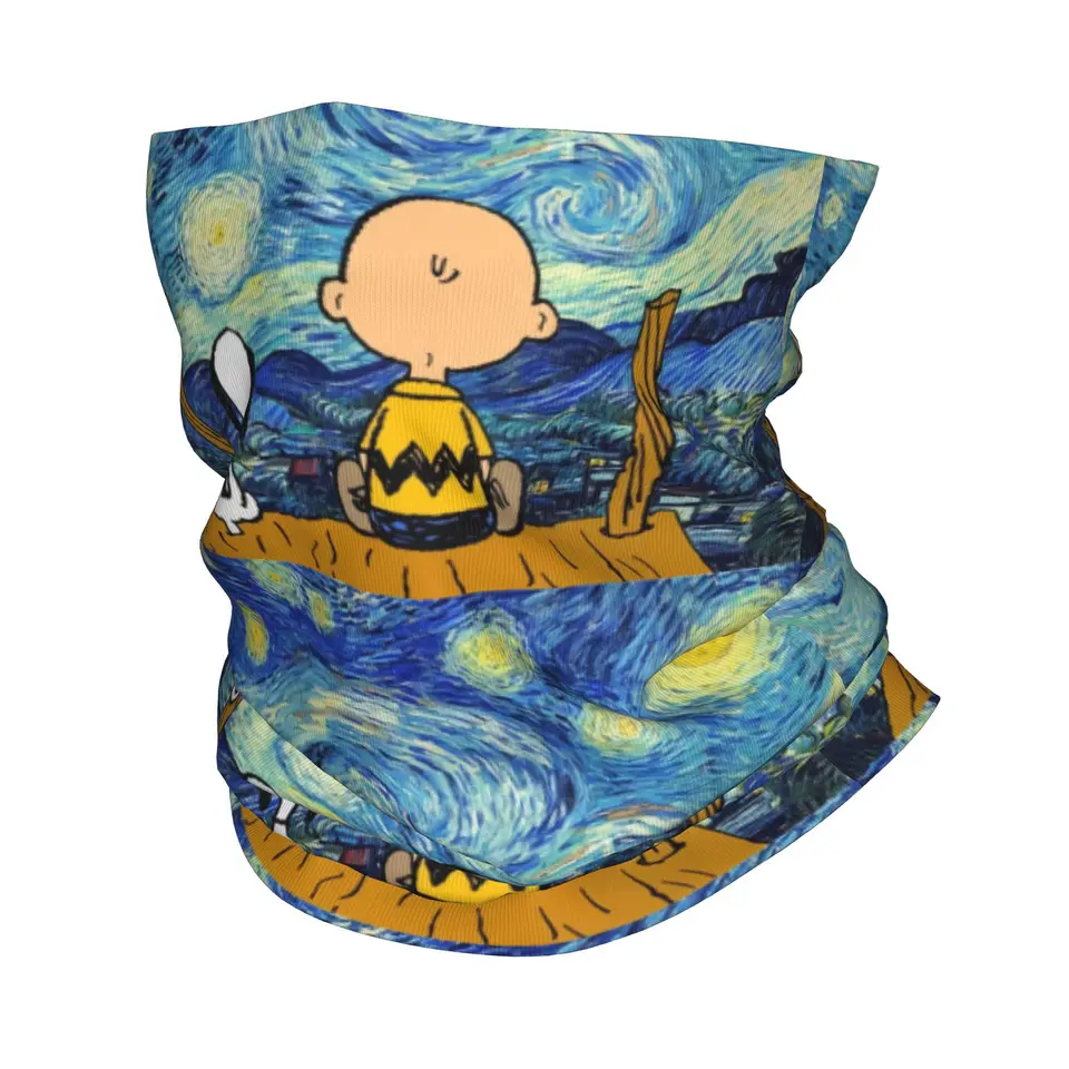 Vlastná Van Gogh krajina Snoopys a Charlie Brown Crck Gaiter Men ženy UV Face Shield Winter Bandana Scarf na cyklistiku