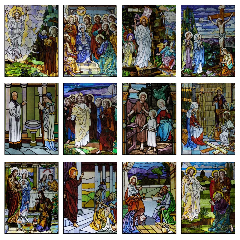 Vlastná veľkosť farebného skla okenný film Church štýl Jesus anjel Picture Picture Sticker Frosted Static Cling Home Cirkev Office Decor