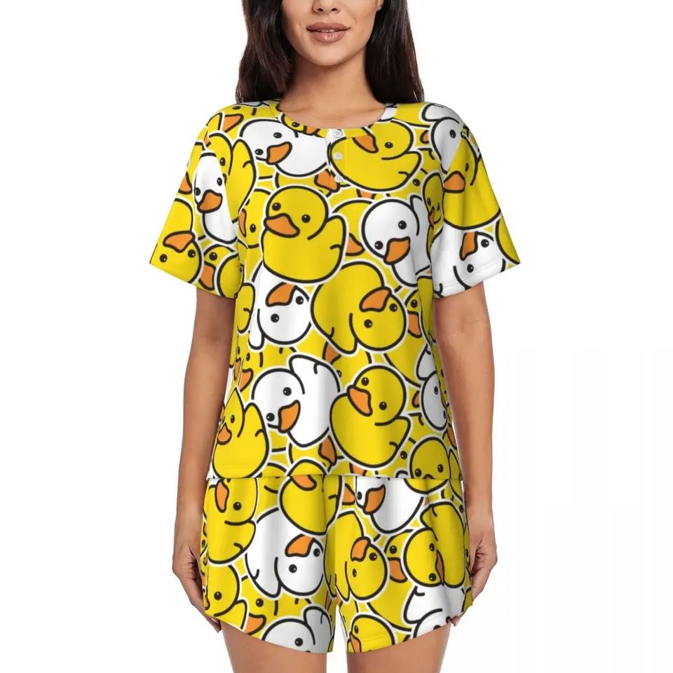 Vlastná žltá karikatúra zvierací gumové kačacie pyžamy set dámske dvojdielne rukávy Sleewear Loungewear PJS SETS SETS