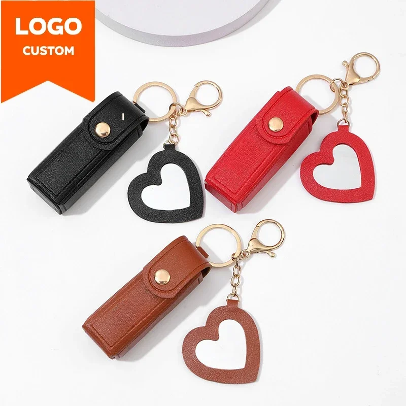 Vlastné logo Prenosné zrkadlo Lipstick Bag Leather Keychain for Women laser Engrave Heart Key Ring Ring Prispôsobte Názov Kláves