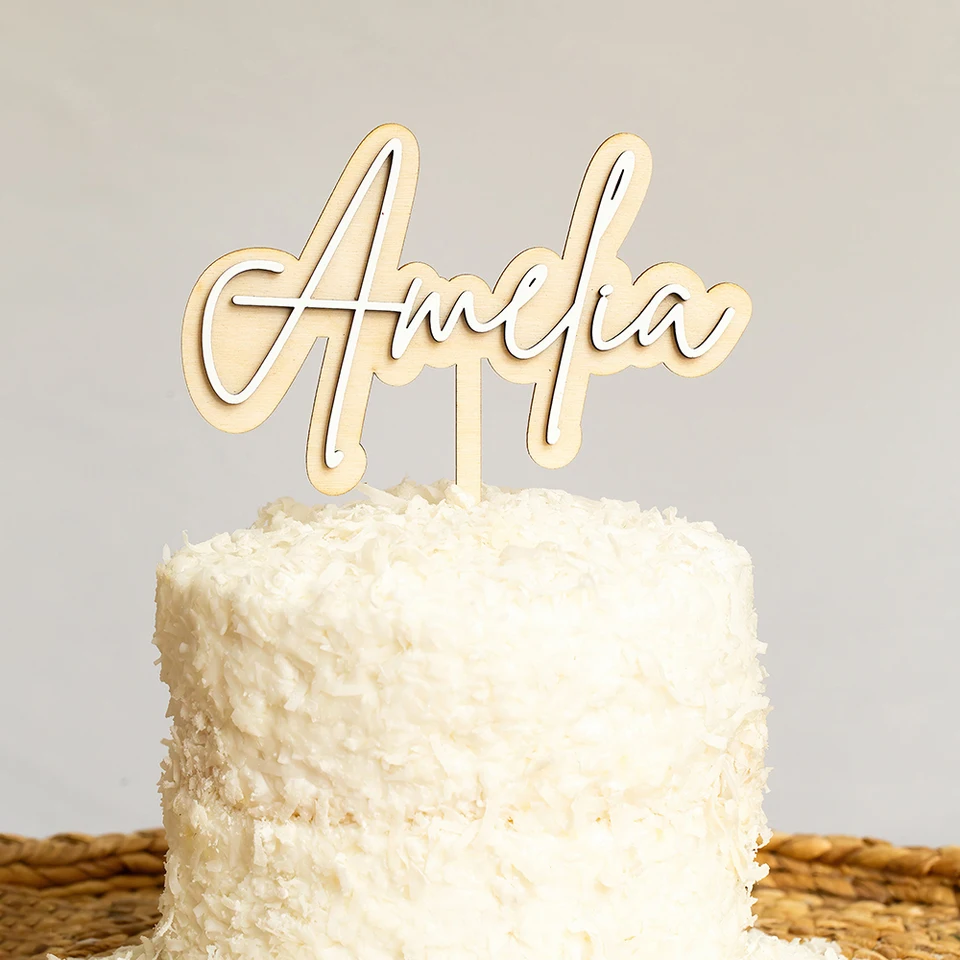 Vlastné meno tortu Topper Drevené akrylové dvojvrstvové koláčové znamienko, personalizovaná bábätko Meno meno torta Topper Party Decor