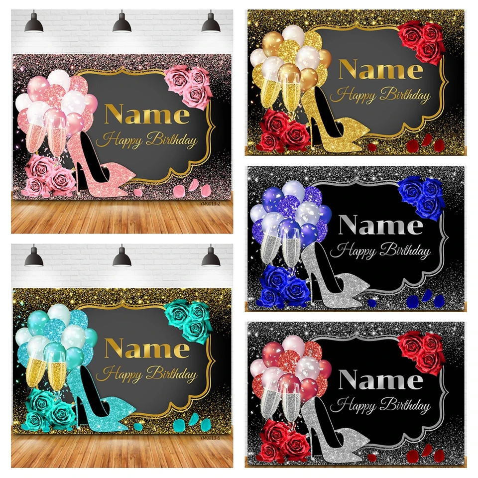 Vlastné meno zlato všetko najlepšie k narodeninám pozadie pre Rose Rose Floral Golden Balloons podpätky Champagne Zázemia pre ženy pre ženy Banner