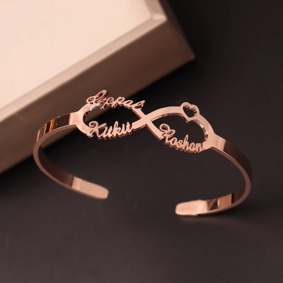 Vlastné názov Infinity Bangle Prispôsobené nehrdzavejúce oceľ Otvorené nastaviteľné ručne vyrábané ženy unisex šperky výročie darček