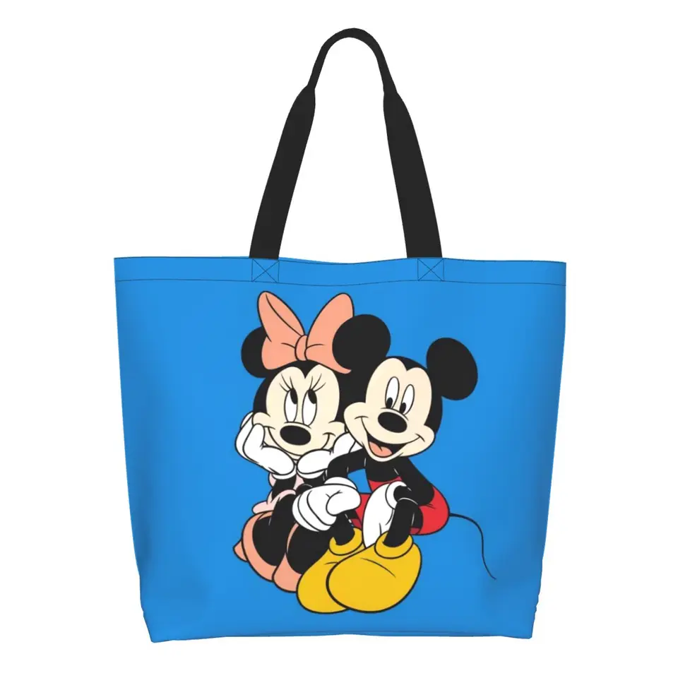 Vlastné opakovane použiteľné Minnie Anime Mickey Mouse Cartoon Shopping Bag Women Rameno Canvas Tote Bag Prenosné potraviny nakupujúce tašky