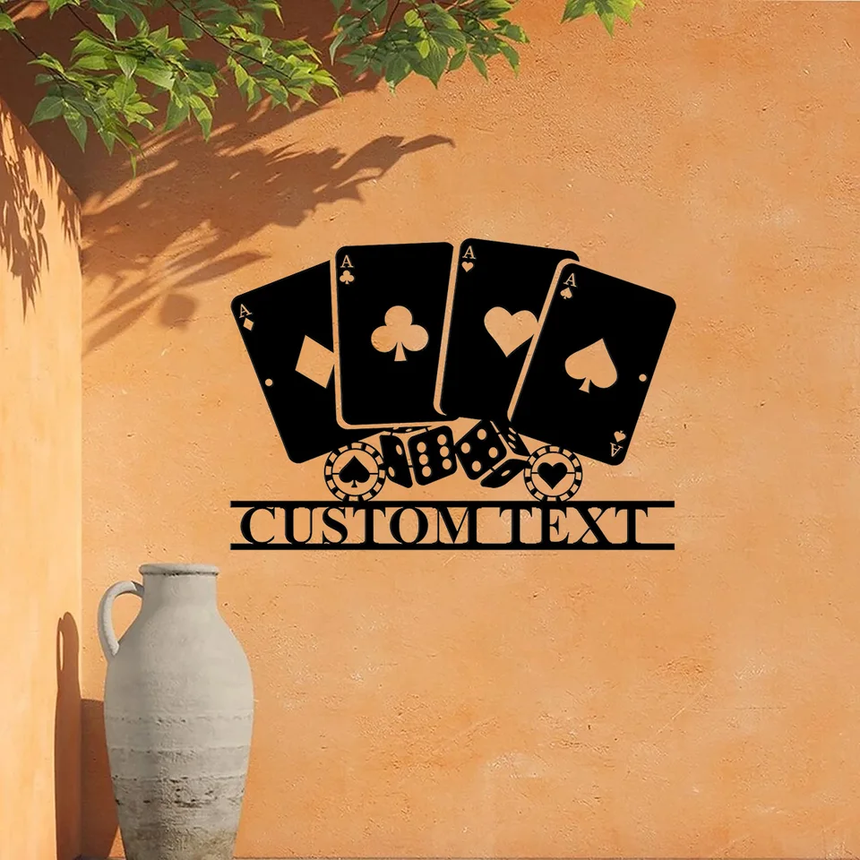Vlastné personalizované kasíno hracie karty Chips kocky poker kovové nástenné umenie vlastný hráč Názov podpis zóna herba herba