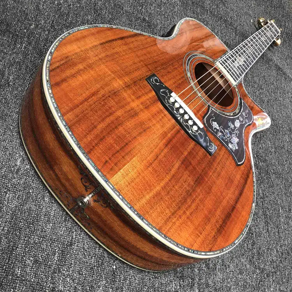 Vlastné pevné koa drevo Top Om Body Abalony viažuce akustická gitarová drevená pickguard
