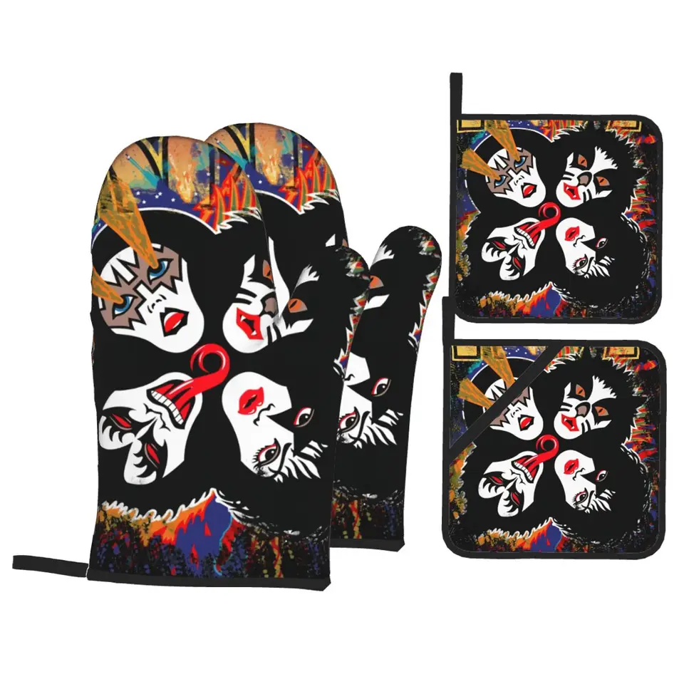 Vlastné rock Catman Demon Kiss Band rukavice a držiaky hrncov 4ks Nastavte vysokoškolské rukavice na pečenie varenia pre kuchyne BBQ