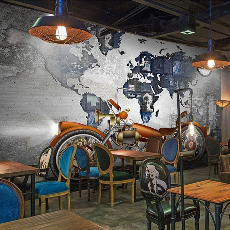 Vlastné samolepiace vodotesné tapety 3D retro motocyklová mapa Photo nástenné maľby reštaurácie kaviareň na pozadie nástenné nálepky fresky