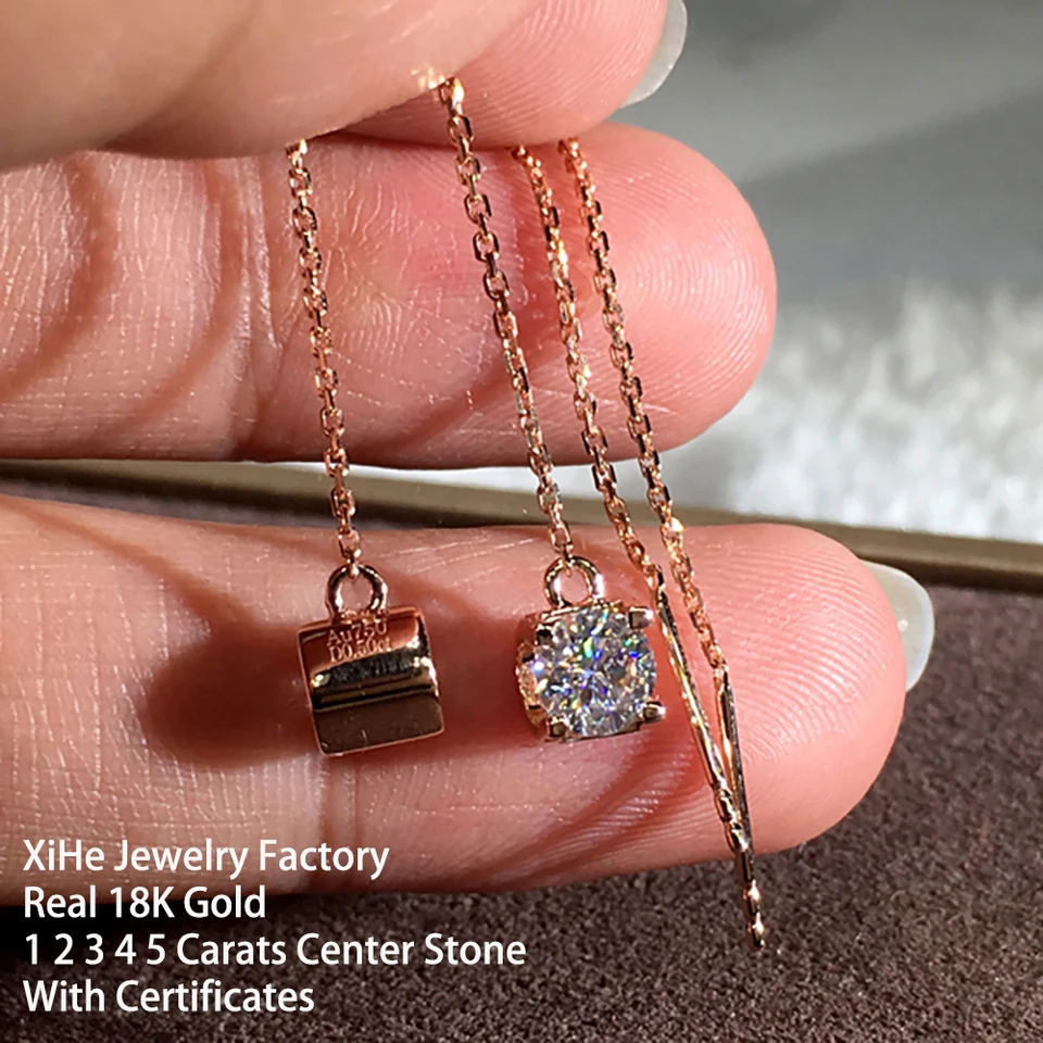 Vlastné skutočné 18k masívne zlato Ženy Drop náušnice Tassel 1 2 3 4 5 Carat Round Moissanite Diamond Drop Clip Cuits 4 Claws Trendy