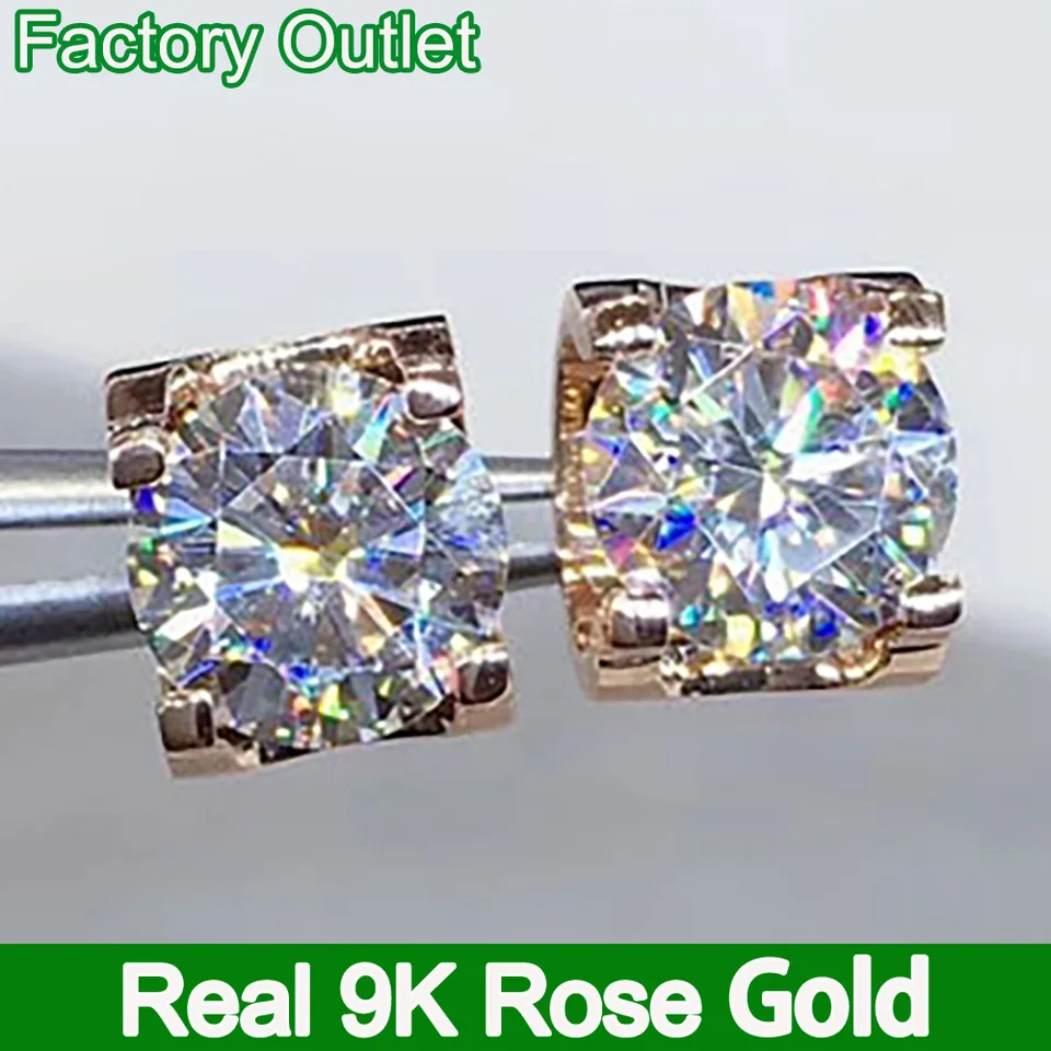 Vlastné skutočné 9k ružové zlaté býky Stud náušnice Ženy 0,5 1 2 3 CT Round Moissanite Diamond Darček