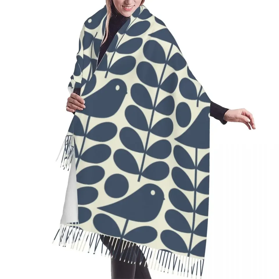 Vlastné tlačené Orla Kiely Early Bird Dark Marine Scarf Ženy Men Zimné teplé šatky šály obaly