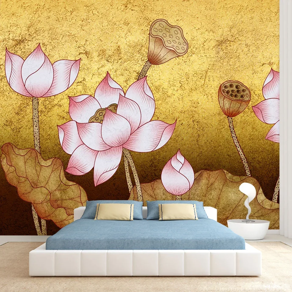 Vlastné vlastné lepidlo akceptované tapety pre obývaciu izbu stena pokrývajú papiere domáce dekorácie TV TV Water Lily Lotus Žlté nástenné maľby výtlačky