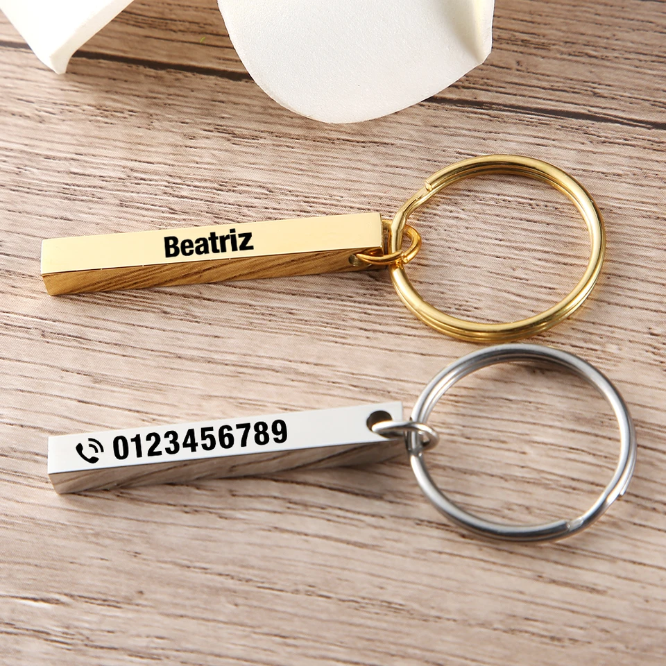 Vlastné vyryté telefónne číslo Keychain-Vertical 3D Bar Reťaz reťaz bez vybaveného oceľového kľúča Rings-name/Text/Image Egraved Keychain